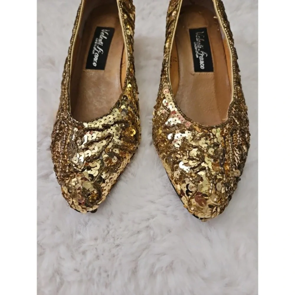 Valenti Franco Gold Sequin Beaded Kitten Heels‎ Pumps Size 7.5 Vintage Glam